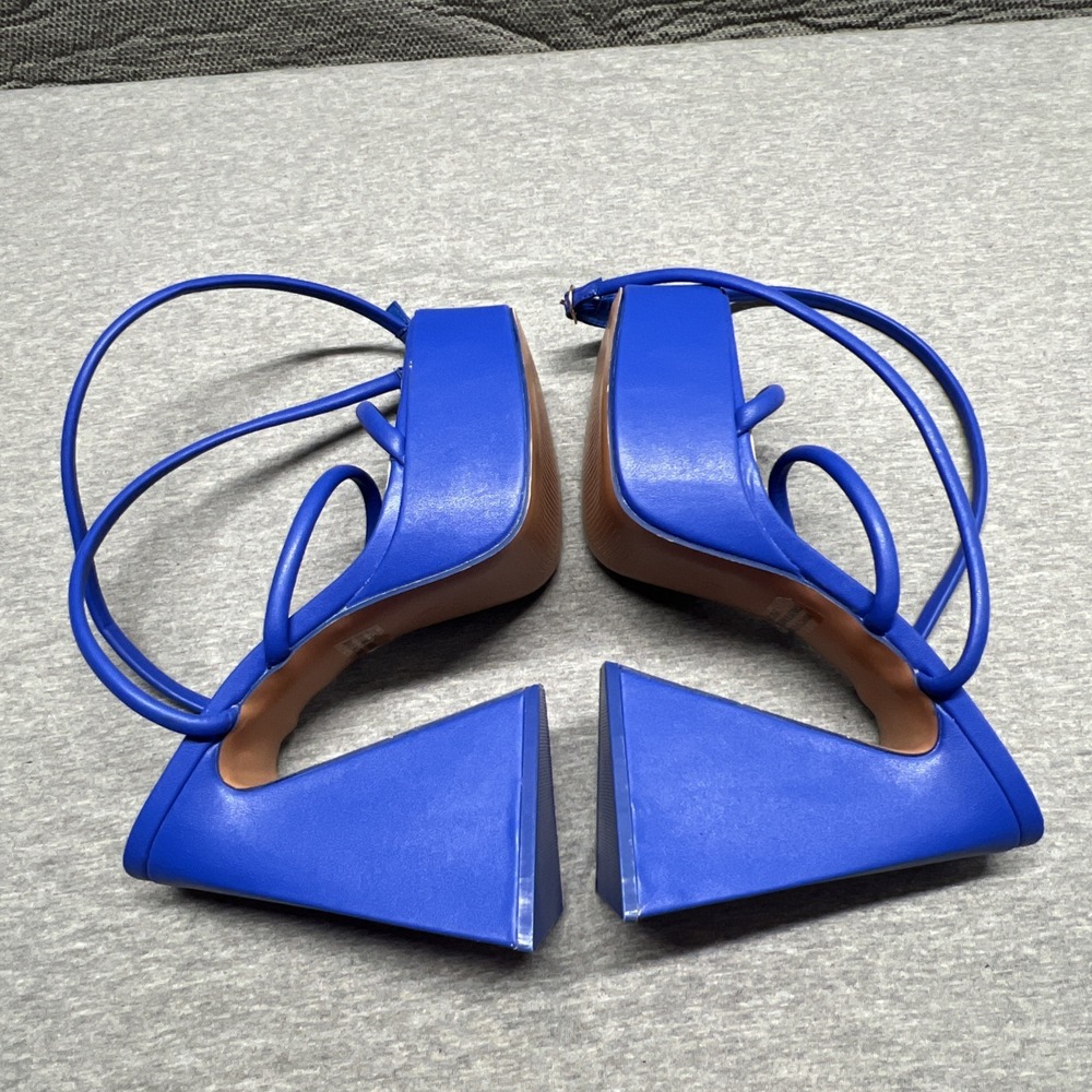 Mixx Shuz Platforms Blue Satin Heels Shoe  Women's Size 8.5 Ankle Wrap Straps - Picture 13 of 14
